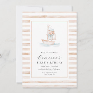 Sailor Bear Tan Stripe Erster Geburtstag Einladung