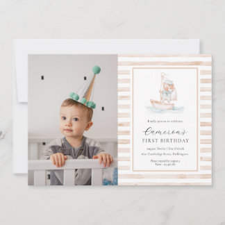 Sailor Bear Tan Stripe Foto Erster Geburtstag Einladung