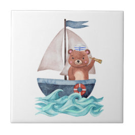 Sailor Bear Watercolor Nautical Waves Sea Boy Baby Fliese