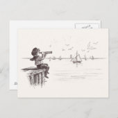 Sailor Boy mit Spyglass Sees Schooners Postkarte (Vorne/Hinten)