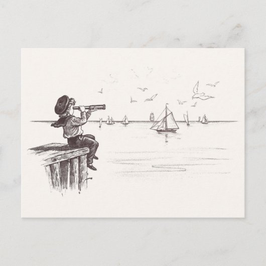 Sailor Boy mit Spyglass Sees Schooners Postkarte (Vorderseite)