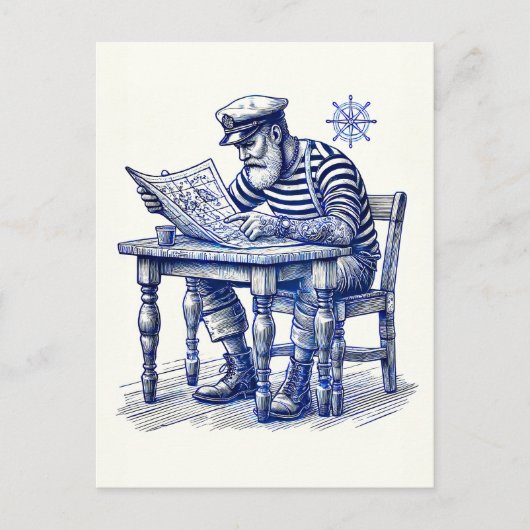 Sailor liest eine Zeitung am Tisch Postkarte (Vorderseite)