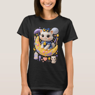 Sailor Meow Weiße Katze sitzend auf Crescent Mond T-Shirt