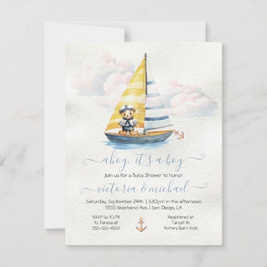 Sailor Nautical Ahoy Boy Baby Dusche Sailboat Einladung (Vorderseite)