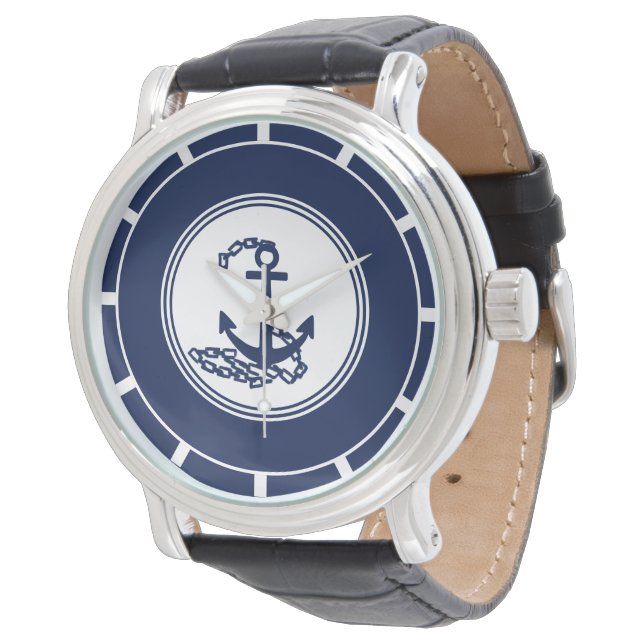 Sailor-Stil mit blauem und weißem Ankersymbol Armbanduhr (Schrägansicht)