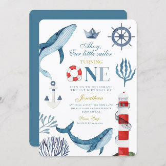 Sailor Watercolor Whale Sea 1. Geburtstag Einladung