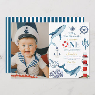 Sailor Watercolor Whale Sea 1. Geburtstag Einladung