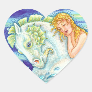 SAILOR'S FANTASY MERMAID RIDING MERHORSE, SEEPFERD Herz-Aufkleber