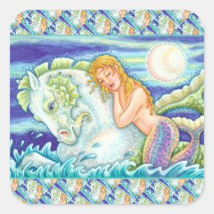 SAILOR'S FANTASY MERMAID RIDING MERHORSE, SEEPFERD QUADRATISCHER AUFKLEBER