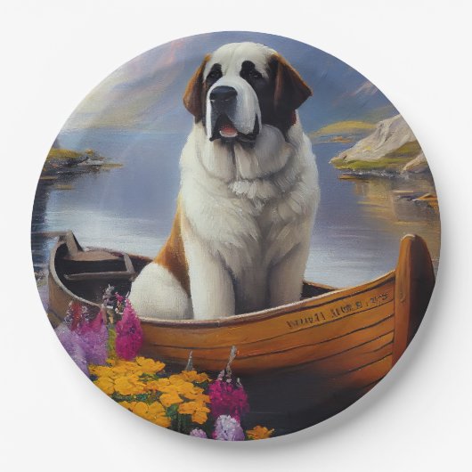 Saint Bernard auf dem Paddle: Ein Landschaftliches Pappteller (Vorderseite)