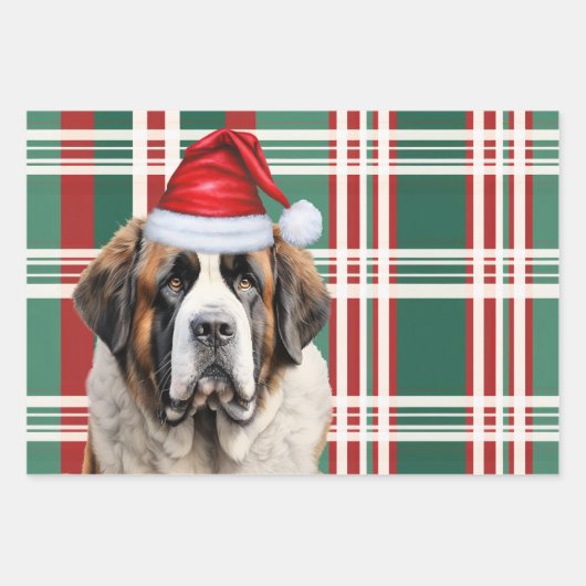 Saint Bernard Christmas Dog Red Green Plaid Geschenkpapier Set (Vorderseite 3)