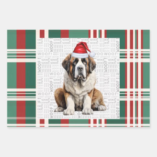 Saint Bernard Christmas Dog Red Green Plaid Geschenkpapier Set (Vorderseite)