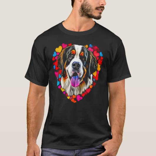 Saint Bernard Dog Blue Red Heart Love T-Shirt (Vorderseite)