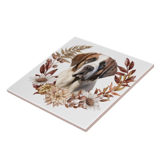 Saint Bernard Dog Herbstkranz Fliese (Seite)