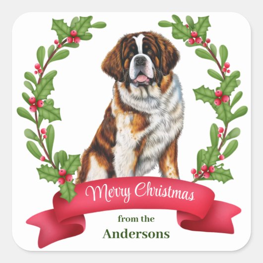Saint Bernard Dog Holly Banner Weihnachten Quadratischer Aufkleber (Vorderseite)