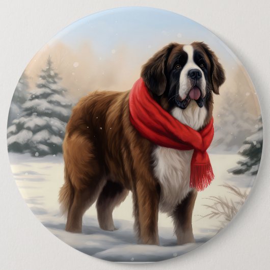 Saint Bernard Dog im Schnee Weihnachten Button (Vorderseite)