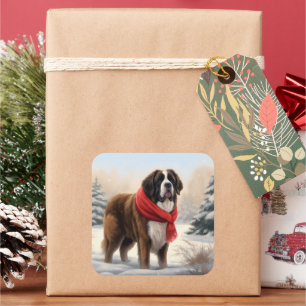 Saint Bernard Dog im Schnee Weihnachten Quadratischer Aufkleber