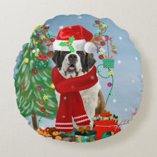 Saint Bernard Dog im Schnee Weihnachten Rundes Kissen