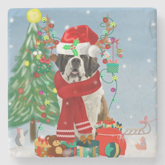 Saint Bernard Dog im Schnee Weihnachten Steinuntersetzer (Vorderseite)