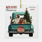 Saint Bernard Dog Retro Truck Christmas Keramikornament (Rückseite)