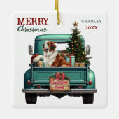 Saint Bernard Dog Retro Truck Christmas Keramikornament (Vorderseite)
