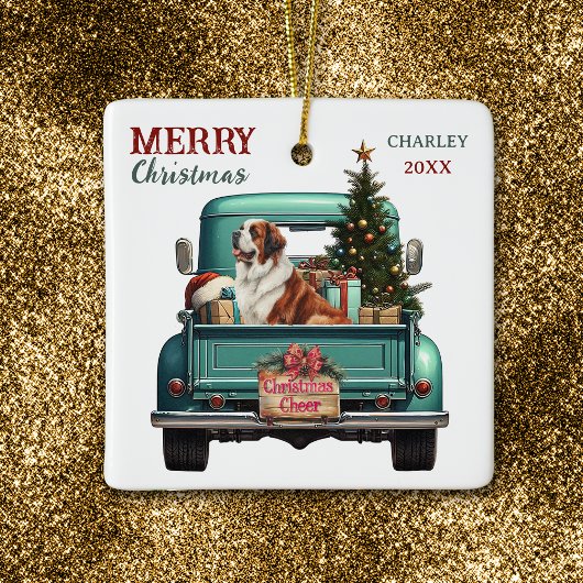 Saint Bernard Dog Retro Truck Christmas Keramikornament