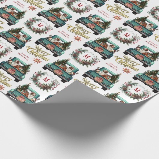Saint Bernard Dog Retro Truck Monogramm Weihnachte Geschenkpapier (Ecke)