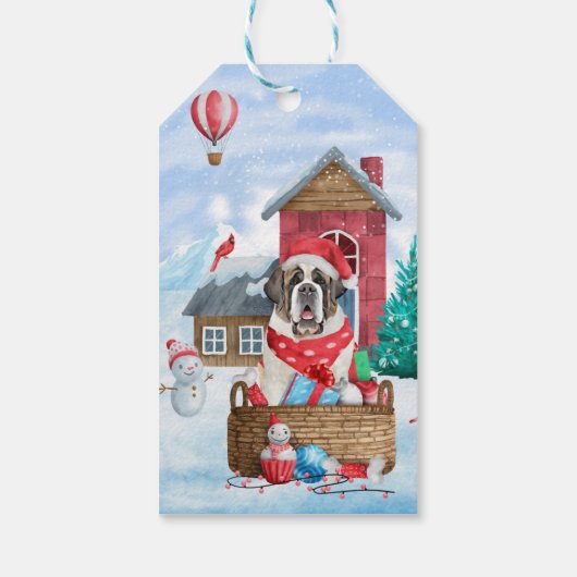 Saint Bernard Hund im Schnee Weihnachtshundehaus Geschenkanhänger (Rückseite)