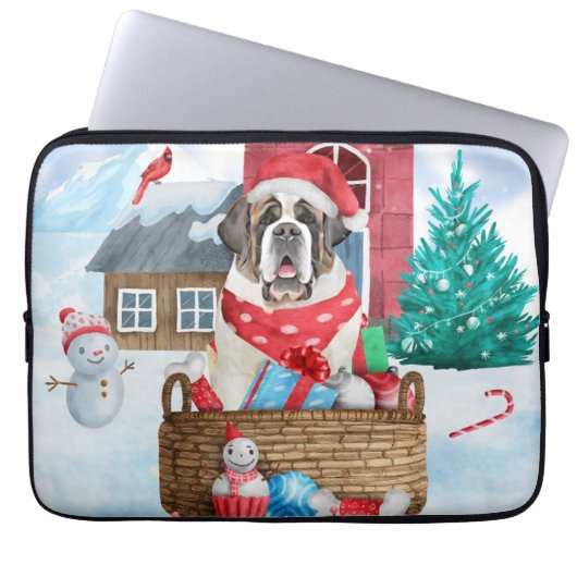 Saint Bernard Hund im Schnee Weihnachtshundehaus Laptopschutzhülle (Vorderseite)