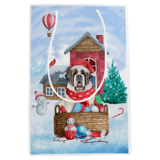 Saint Bernard Hund im Schnee Weihnachtshundehaus Mittlere Geschenktüte (Vorderseite)