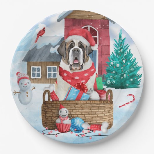 Saint Bernard Hund im Schnee Weihnachtshundehaus Pappteller (Vorderseite)