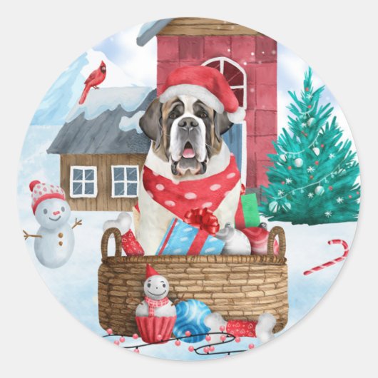 Saint Bernard Hund im Schnee Weihnachtshundehaus Runder Aufkleber (Vorderseite)