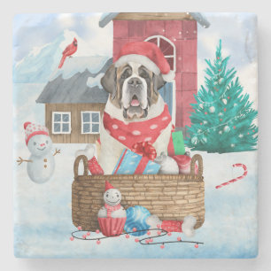 Saint Bernard Hund im Schnee Weihnachtshundehaus Steinuntersetzer