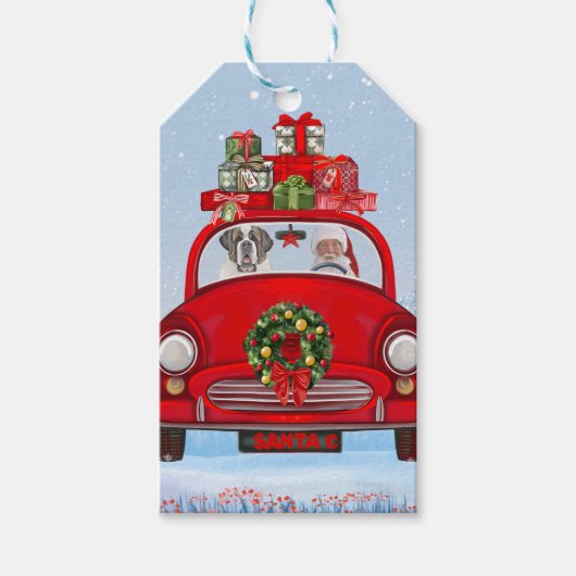 Saint Bernard Hund in Auto mit dem Weihnachtsmann Geschenkanhänger (Vorderseite)