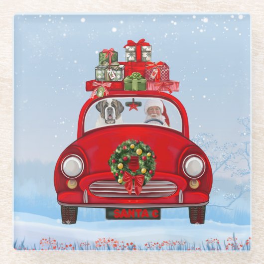 Saint Bernard Hund in Auto mit dem Weihnachtsmann Glasuntersetzer (Vorderseite)