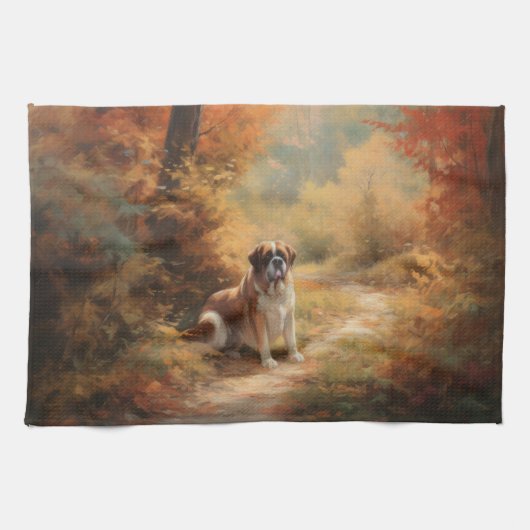 Saint Bernard im Herbst Leaves Fall Inspiriert Geschirrtuch (Horizontal)