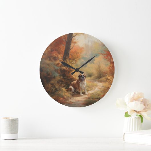 Saint Bernard im Herbst Leaves Fall Inspiriert Große Wanduhr (Zuhause)