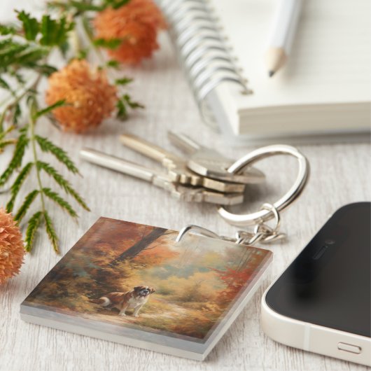 Saint Bernard im Herbst Leaves Fall Inspiriert Schlüsselanhänger (Vorderseite rechts)