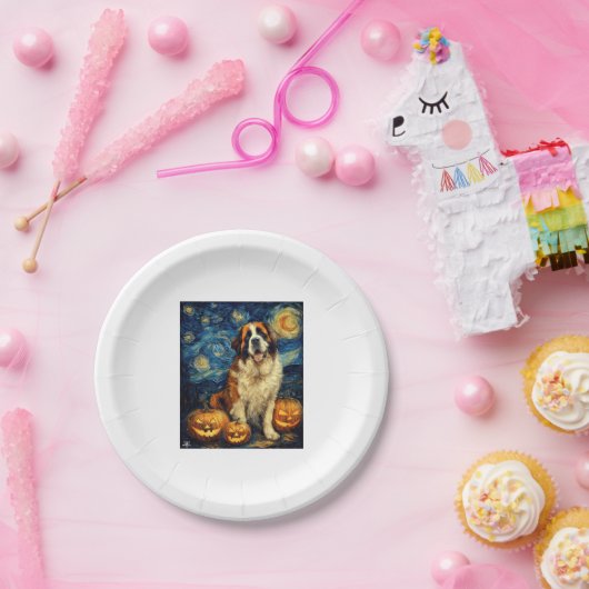Saint Bernard Niedlich Hund Halloween Kürbislatern Pappteller (Party)