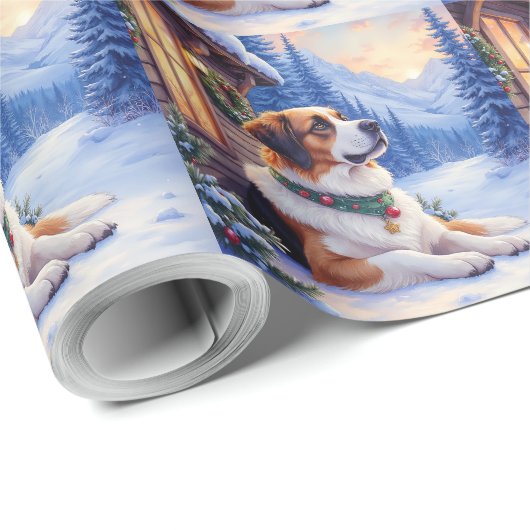 Saint Bernard Snowy Mountain Lodge Christmas Dog Geschenkpapier (Rolleneckpunkt)