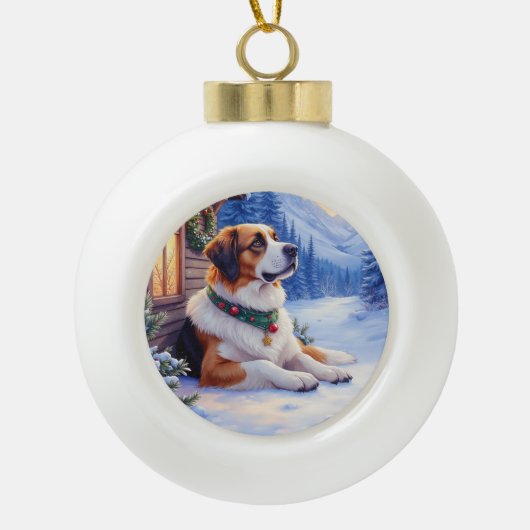 Saint Bernard Snowy Mountain Lodge Christmas Dog Keramik Kugel-Ornament (Vorderseite)