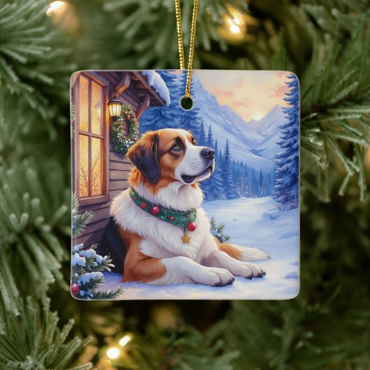 Saint Bernard Snowy Mountain Lodge Christmas Dog Keramikornament (Baum)