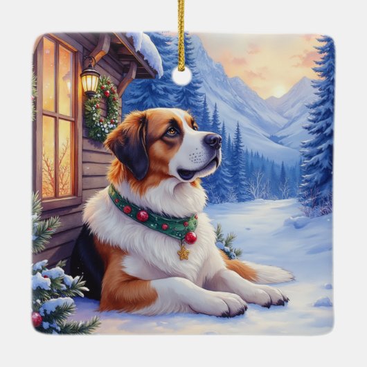Saint Bernard Snowy Mountain Lodge Christmas Dog Keramikornament (Rückseite)