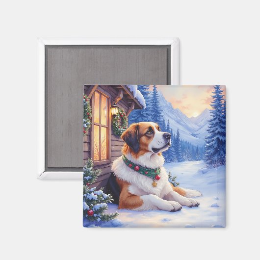 Saint Bernard Snowy Mountain Lodge Christmas Dog Magnet (Vorderseite/Rückseite)