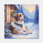 Saint Bernard Snowy Mountain Lodge Christmas Dog Magnet (Vorne)
