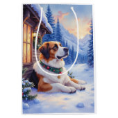 Saint Bernard Snowy Mountain Lodge Christmas Dog Mittlere Geschenktüte (Vorderseite)