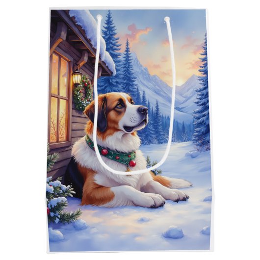 Saint Bernard Snowy Mountain Lodge Christmas Dog Mittlere Geschenktüte (Rückseite)