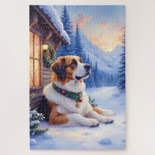 Saint Bernard Snowy Mountain Lodge Christmas Dog Puzzle (Vertikal)