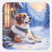 Saint Bernard Snowy Mountain Lodge Christmas Dog Quadratischer Aufkleber (Vorderseite)