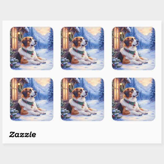 Saint Bernard Snowy Mountain Lodge Christmas Dog Quadratischer Aufkleber (Blatt)